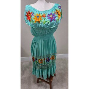 Mexican Boho Maxi Dress With Floral Embroidery & Lace Details Turquoise Color El